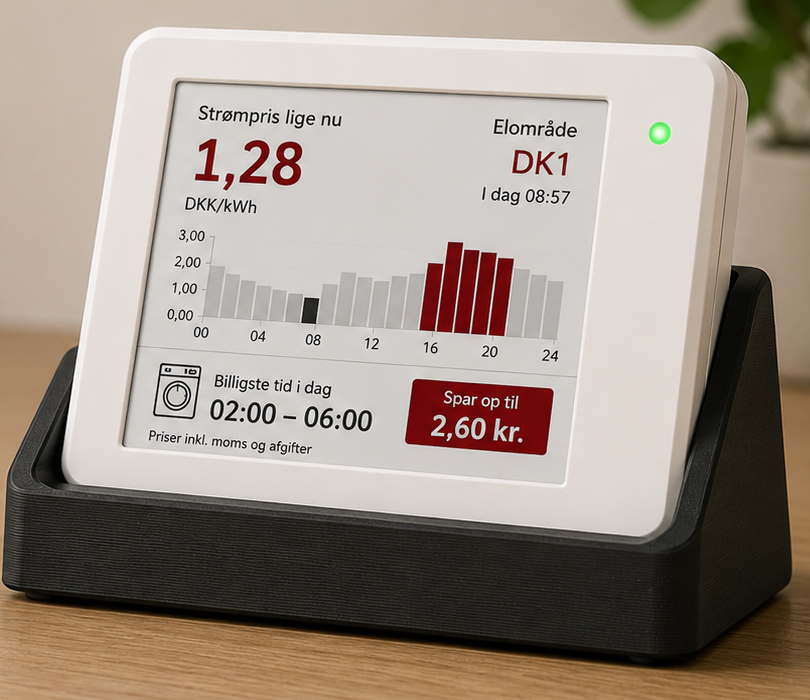 Displayets skærm viser 1,28 DKK/kWh, elområde DK1, døgnets 24 timer og billigste tid 02:00-06:00